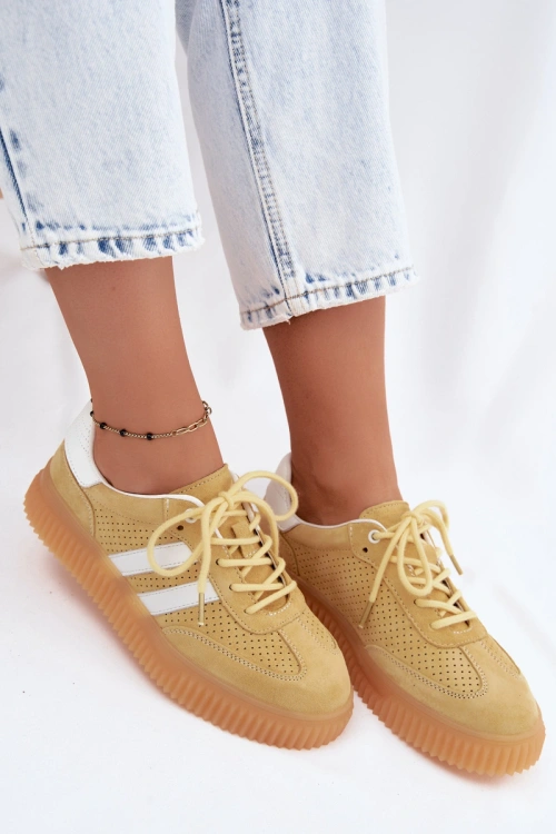 Skórzane Zamszowe Sneakersy Damskie Na Platformie Żółte Artelle