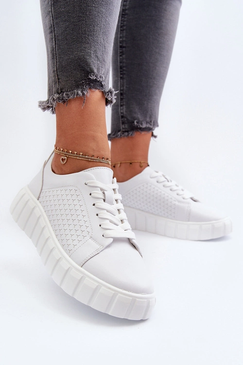 Skórzane Sneakersy Damskie Na Platformie Białe Eselmarie