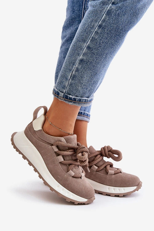Zamszowe Sneakersy Damskie Z Grubym Sznurowaniem Artiker 54C1409 Beżowe