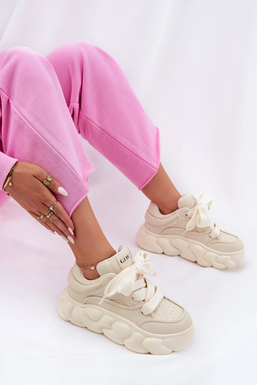 Skórzane Sneakersy Damskie Na Masywnej Platformie GOE RR2N4043 Beżowe