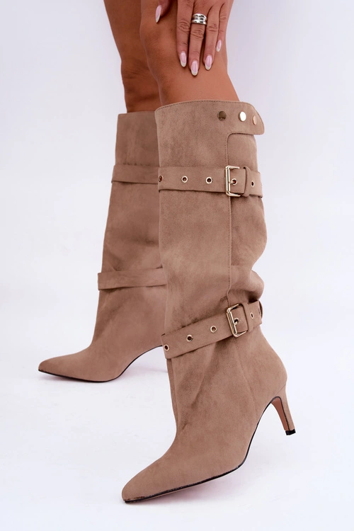 Wsuwane Kozaki Na Szpilce Z Paskami I Klamrami Beżowe Isabeau