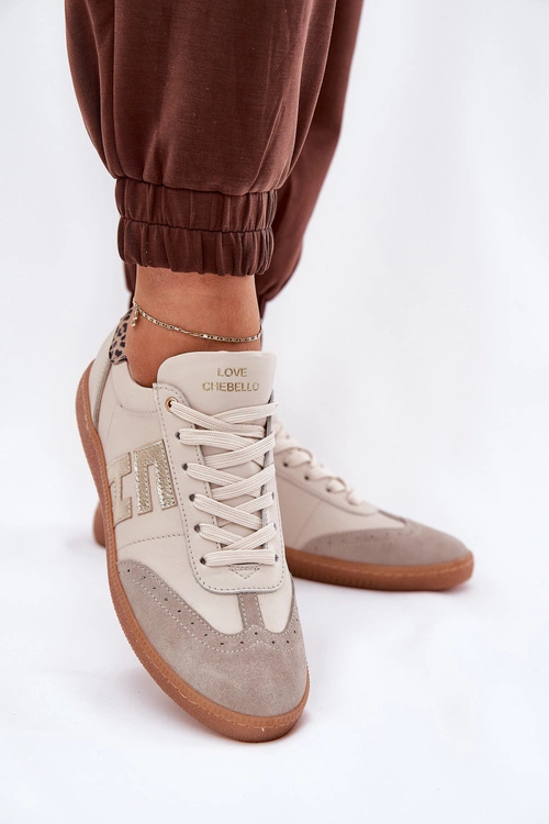 Skórzane Buty Sportowe Sneakersy Damskie Panterka CheBello 4640 Beżowe