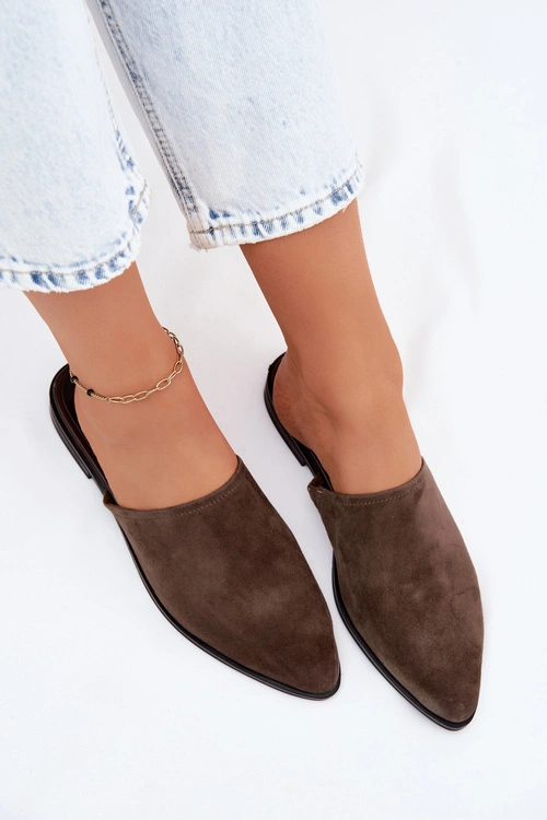Skórzane Zamszowe Klapki Mule Damskie Płaskie D&A JC61-1004 Khaki